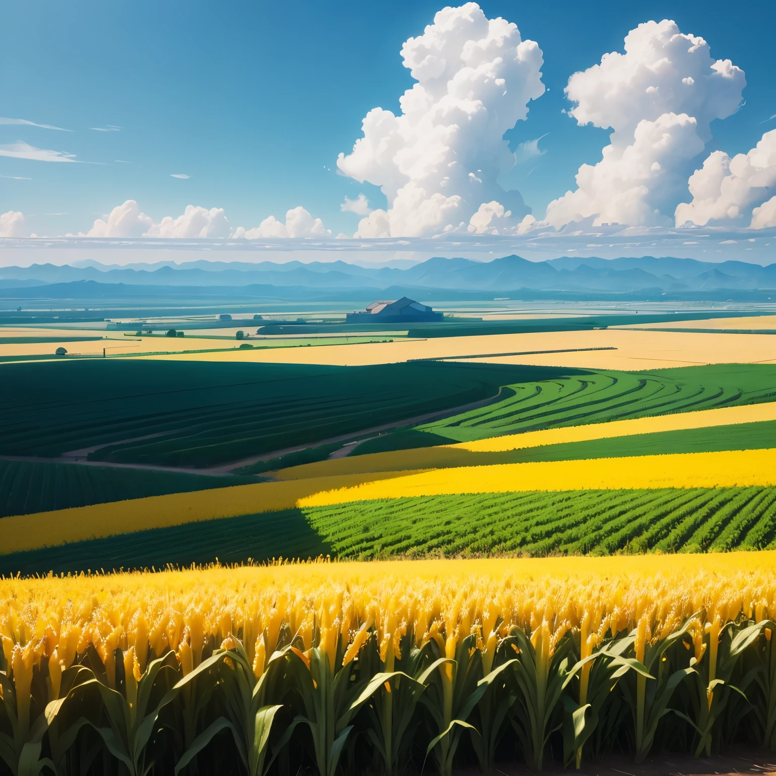 A vast corn plantation ,sunny day ,few clouds 