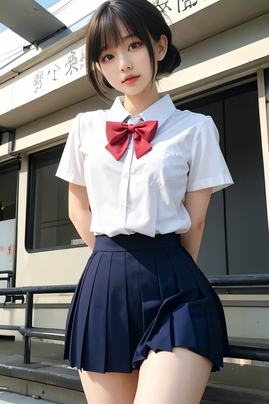 Wear a short skirt、Alafid (Alafid) Asian woman wearing bow tie sitting on train, Cute schoolgirl, Japanese schoolgirl, wearing Japanese school uniforms, Japanese school uniforms, a hyperPractical schoolgirl, Dressed as a schoolgirl, hyperPractical , Wear school uniform, Practical , 女孩Wear, Wear , A posture, whole body, Good skin, Radiant Skin, Beautiful thighs,Glowing thighs, Glowing Legs, (())