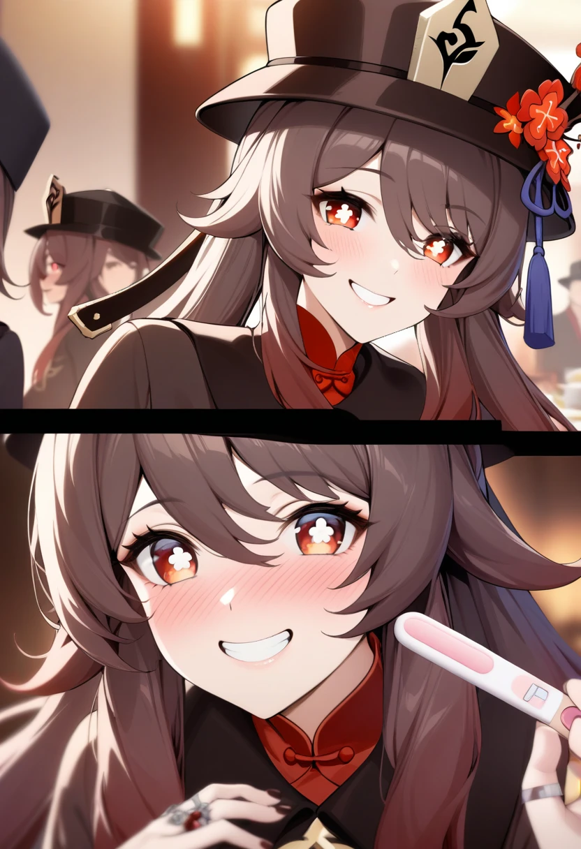 masterpiece, best quality, very aesthetic, absurdres, 1girl, mature_lady, ,,hu_tao(genshin impact),hu tao, long brown hair, red eyes, twin tails,  hat, Chinese clothing,,showing a pregnancy test, 1girl, (close-up of face:1.2), blush,smile,grin,,in a banquet,blur background,background defocus