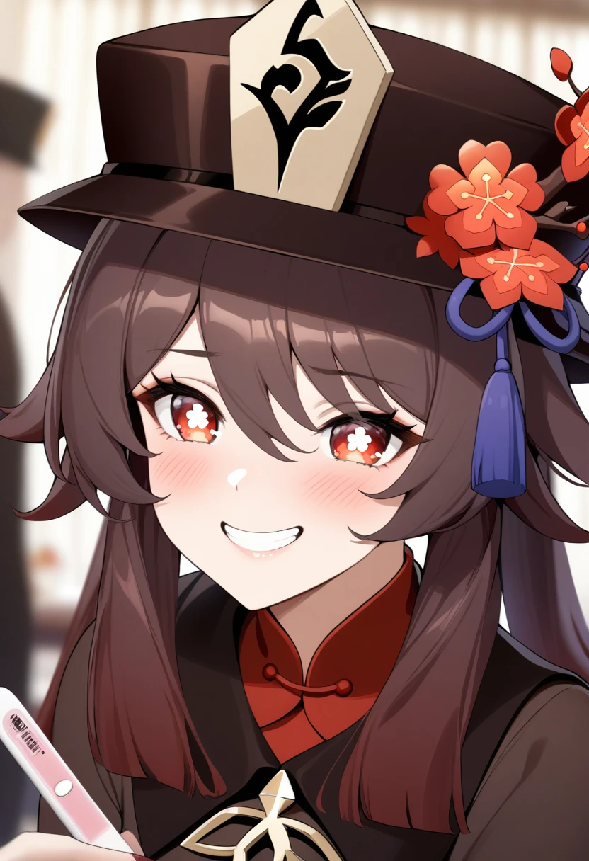 masterpiece, best quality, very aesthetic, absurdres, 1girl, mature_lady, ,,hu_tao(genshin impact),hu tao, long brown hair, red eyes, twin tails, hat, Chinese clothing,,showing a pregnancy test, 1girl, (close-up of face:1.2), blush,smile,grin,,in a banquet,blur background,background defocus