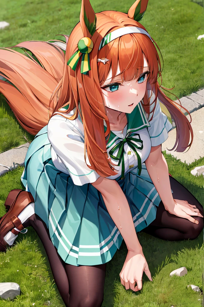 ((vaginal,sex,woman on top)),masterpiece, best quality, highres, ccsuzuka, long hair, animal ears, ear covers,white hairband,white shirt, green ribbon, short sleeves, blue skirt, black pantyhose,horse tail, green sailor collar, black bow, grass, wariza, sweat, shoes,