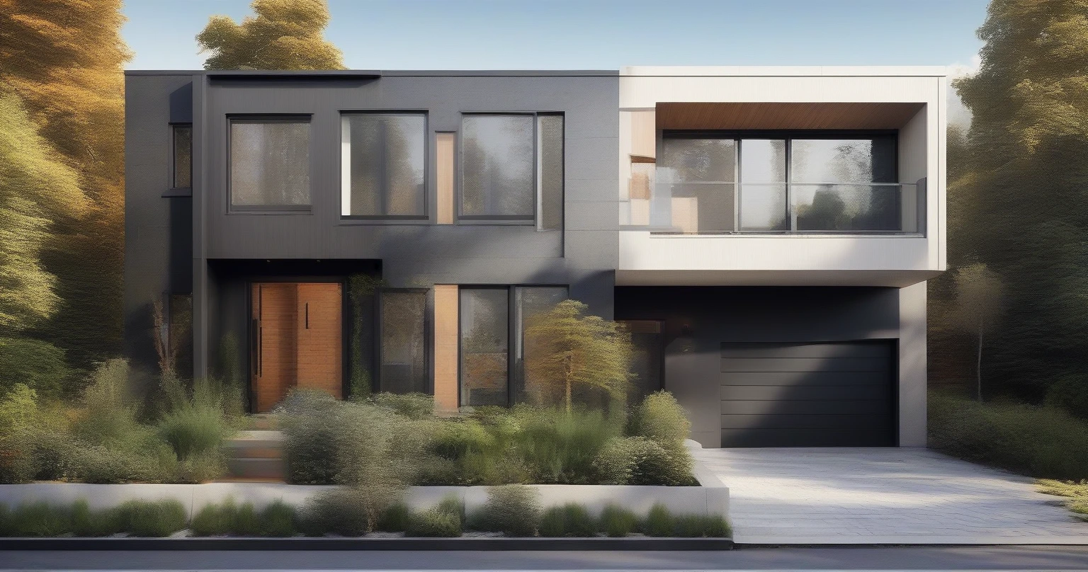 In daylight, a modern townhouse stands out with its sleek and sophisticated design, captured vividly in 4K resolution. Here’s a detailed description of its exterior:

**Facade:**
The townhouse facade exemplifies contemporary architecture with clean lines and geometric shapes. Clad in a combination of materials, the lower half may feature dark-colored brick or stone, while the upper levels showcase smooth stucco or wood siding. Metal accents, possibly in the form of railings or trim, add a touch of modernity and contrast.

**Windows:**
Large, expansive windows dominate the front, allowing ample natural light to flood into the living spaces. These windows are likely floor-to-ceiling or near it, framed in black or dark-colored metal to create a striking visual contrast against the lighter facade. Some windows may have tinted glass for privacy while maintaining a modern aesthetic.

**Roofline:**
The roofline of the townhouse is flat or gently sloped, often with a parapet or low-profile edge that enhances the clean, horizontal silhouette. It may include a rooftop terrace or balcony accessible from the upper floors, enclosed with glass railings to preserve the unobstructed views and sleek lines.

**Entryway:**
The entrance is a focal point, featuring a modern front door with a minimalist design. It could be a solid wood door with a sleek handle and possibly a keyless entry system, emphasizing both security and contemporary style. The doorway may be flanked by large vertical windows or integrated sidelights to enhance the sense of openness and welcome.

**Landscaping:**
The landscaping around the townhouse is meticulously planned to complement its modern aesthetic. Simple, geometric planters or raised beds with low-maintenance foliage like ornamental grasses or succulents add greenery without overwhelming the clean lines of the architecture. Paved pathways lead from the front door to the sidewalk or parking area, featuring sleek, modern pavers or concrete with clean edges.