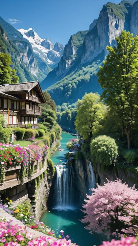 Flowers are in the foreground of the river and the building, in the Switzerlandアルプス, Switzerland, lauterbrunnen valley, Switzerlandの建築, ( Visually stunning, flowers and waterfalls, Zenith View, building along a river, River in the background, Filmed with GoPro9, Switzerlandアルプス, Very beautiful scenery, Chamonix, Flowers in the foreground