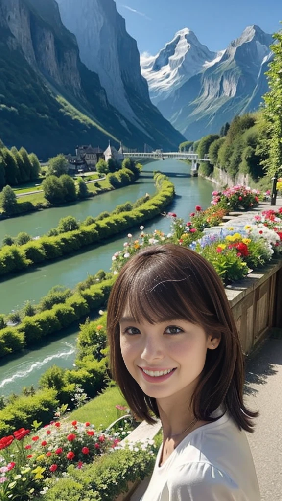 Flowers are in the foreground of the river and the building, in the Switzerlandアルプス, Switzerland, lauterbrunnen valley, Switzerlandの建築, ( Visually stunning, flowers and waterfalls, Zenith View, building along a river, River in the background, Filmed with GoPro9, Switzerlandアルプス, Very beautiful scenery, Chamonix, Flowers in the foreground
