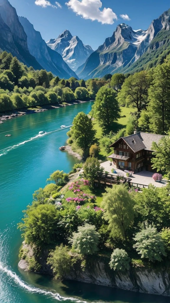 Flowers are in the foreground of the river and the building, in the Switzerlandアルプス, Switzerland, lauterbrunnen valley, Switzerlandの建築, ( Visually stunning, flowers and waterfalls, Zenith View, building along a river, River in the background, Filmed with GoPro9, Switzerlandアルプス, Very beautiful scenery, Chamonix, Flowers in the foreground