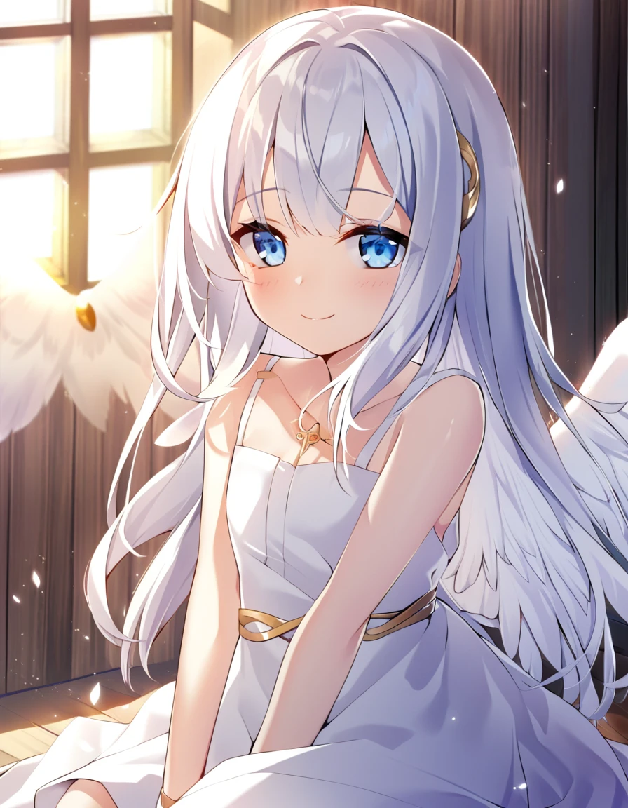 one girl, fallen angel, angel wing, angel ring, sacred, cute, naive, sitting, , beautiful, light blue eyes, white dress, white hair, smile gently at me, girl focus