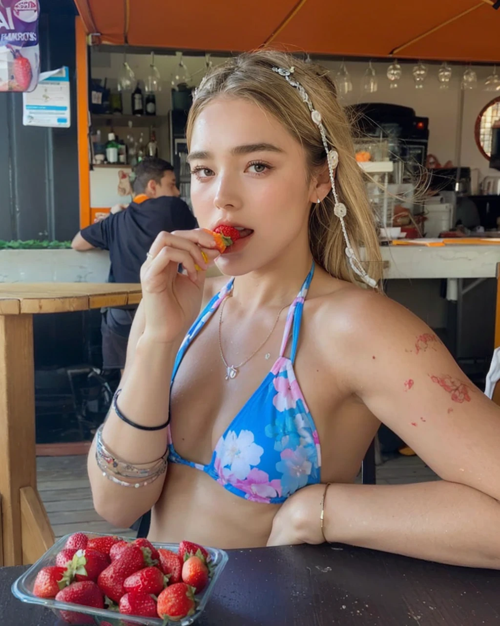 Araffe woman in bikini eating a strawberry and a piece of fruit, Florence Pugh, olivia de bernardinis, Sidney Sweeney, Wear a bathing suit, wearing two piece swimsuit, in a bikini, profile picture, wearing neon pearl bikini, wearing a bikini, Ana de Armas, in bikini, her navel is exposed, beautiful lady