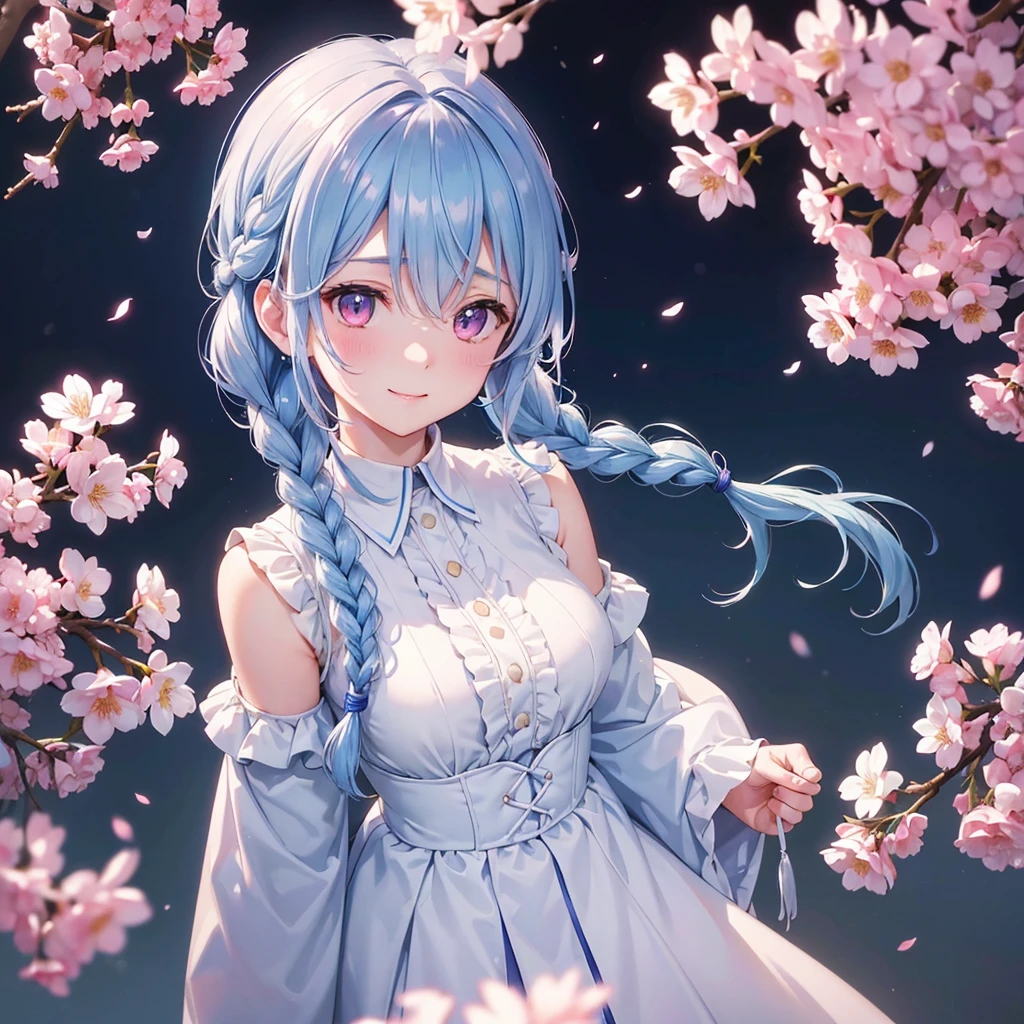(Light blue medium hair),(Braided hair tied together)、Pink eyes、Fair skin、(whole body)、(uniform)、Cherry Blossoms at Night、A big smile、A dignified figure、solo、(masterpiece、Highest quality、Very detailed、Best Shadow)、(Detailed Background)、(Beautifully detailed face)、High contrast、(Best lighting、Very delicate and beautiful)、((Cinematic Light))、colorful、Hyper Detail、Dramatic Light、Exquisite detail、