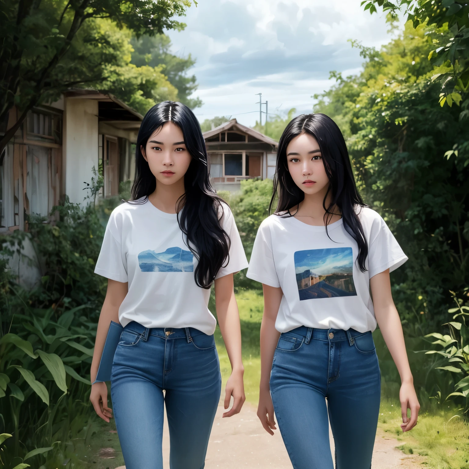 ((best quality)), ((masterpiece)), (detailed), A digital illustration of two high school teenage girls with long black hair walking towards an abandoned bungalow surrounded by bushes and dark clouds. They both are wearing plain white t-shirt and blue jeans and are having nervous expression on their face.