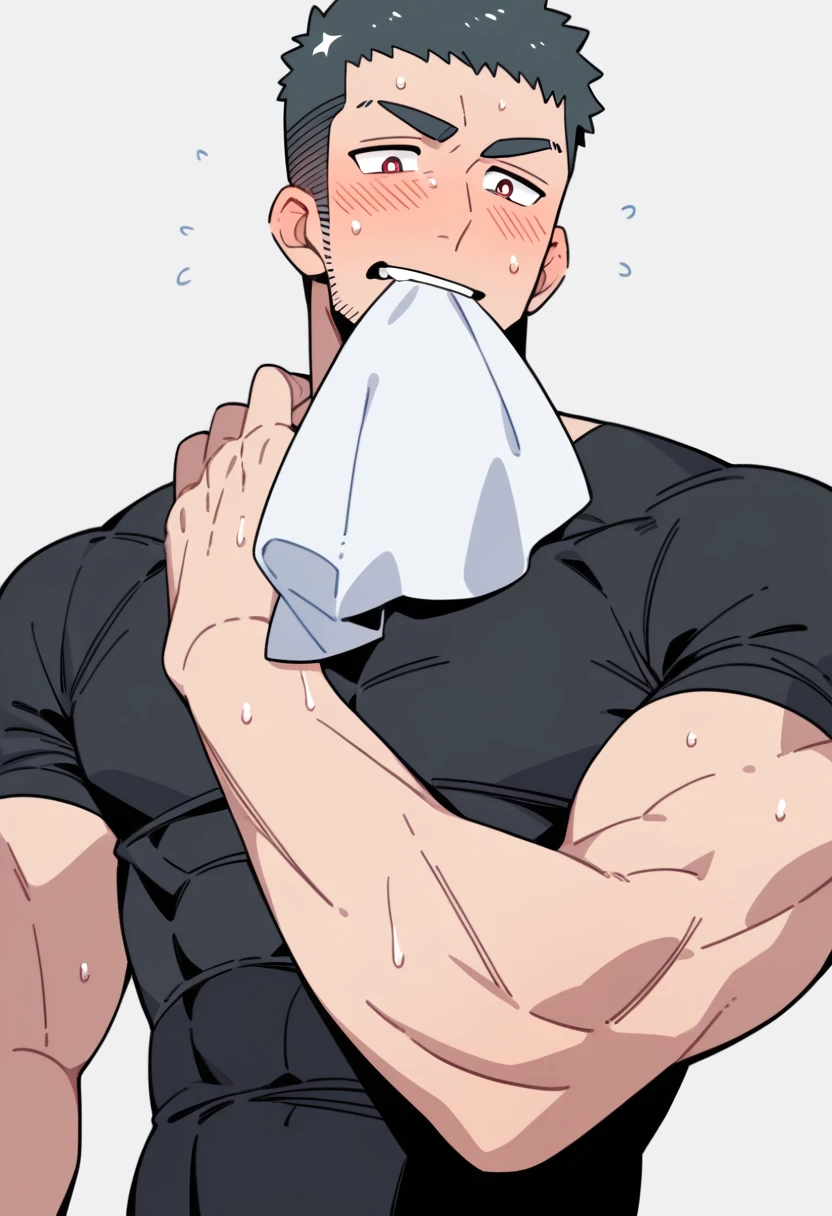 anime characters：Priapus, Muscle Sports Student, Buzz Cut, Manliness, male focus, Dark black tight T-shirt, Very tight, Sweat soaks clothes, full and perky chest muscles, muscular male, muscular, only, Upper body, Perfect muscular waist, alone, Black short hair, Thick eyebrows, stubble, Brown-red pupils, White background, simple background, amazing quality, best aesthetics, Ridiculous, crew cut, blush, mouth hold, Biting a white cotton towel in the mouth, embarrassed, shy, endured face, negative space, best quality