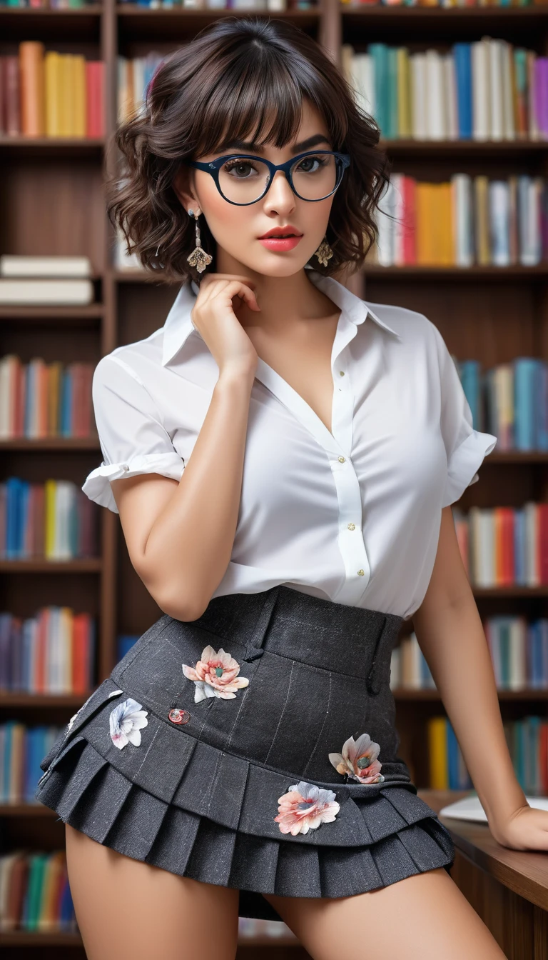 (((beautiful beautiful Isabela Merced, posing for photoshots, looking sexy, ruffled lips, Cabelo curto e curly, extremely beautiful eyes))), ((wearing floral silver necklace)), realistic photoshotgraph, highy detailed, Spitz focus, (Main lighting), (indoor bookstore environment), work of art, extremely beautiful, Perfect beauty, (perfect shape body, Broad Hips, small waist, thick-thighs, firm abs, Body cute, knees, kneecaps, focus on the knees, breasts small), ((30 years old)), (extremely detaild 8k wallpaper), ((face detailed)), (((wearing white shirt, saia curta de tweed, kneecaps, knees, nylons with a seam, Strad sandals)), (long dark eyelashes), (((aretes))), ((())), (((seen from behind))), (looking at the camera), ((())), (glamor model), (seductive facial expression) (((standing between tall shelves full of books))), extremely detaild, work of art, details Intricate, highy detailed, Spitz focus, skin detailed, realistic skin texture, texture, detailedeyes, high resolution, kodak vision color, photoshot_\(ultra\), Post-processing, maximum detail, roughness, real-life, ultra realistic, photoshotrealism, photoshotgraphy, absurderes, RAW photoshot, highest quallity, high detail RAW color photoshot, professional photoshot, extremely detaild UHD 8k wallpaper unit, best qualityer, high resolution, (work of art, maximum quality, high resolution:1.4), photoshot, cinematic, Film grain, Spitz, soft natural light, magic photoshotgraphy, super verbose