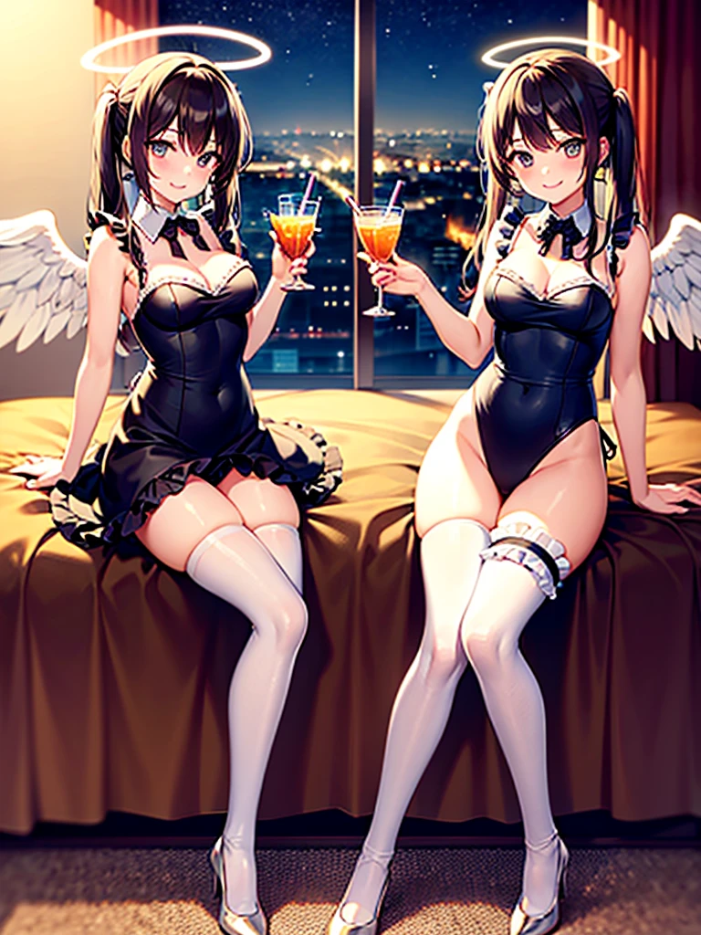 Highest Resolution,Highest quality,Smiling beautiful girl in maid leotard,High leg,(((Frills))),White angel wings on your back,Halo,Bedroom,Night view outside the window,Very beautiful eyes,whole body,front,Knee-high stockings,Drink,