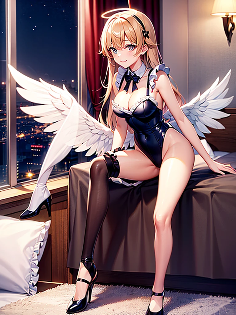 Highest Resolution,8K quality,Smiling beautiful girl in maid leotard,High leg,(((Frills))),White angel wings on your back,Halo,Bedroom,Night view outside the window,Very beautiful eyes,whole body,front,Knee-high stockings,Drink,