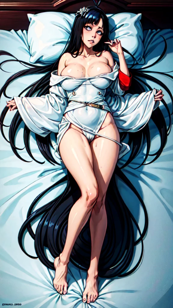 Masterpiece, Best Quality, high resolution, Very detailed, 1 girl, wide, black hair, blue eyes, big breasts, she wet, sexy poses, inside, lying on the bed , looking at the spectators, sex hot, camera angle from top of bed, full body session