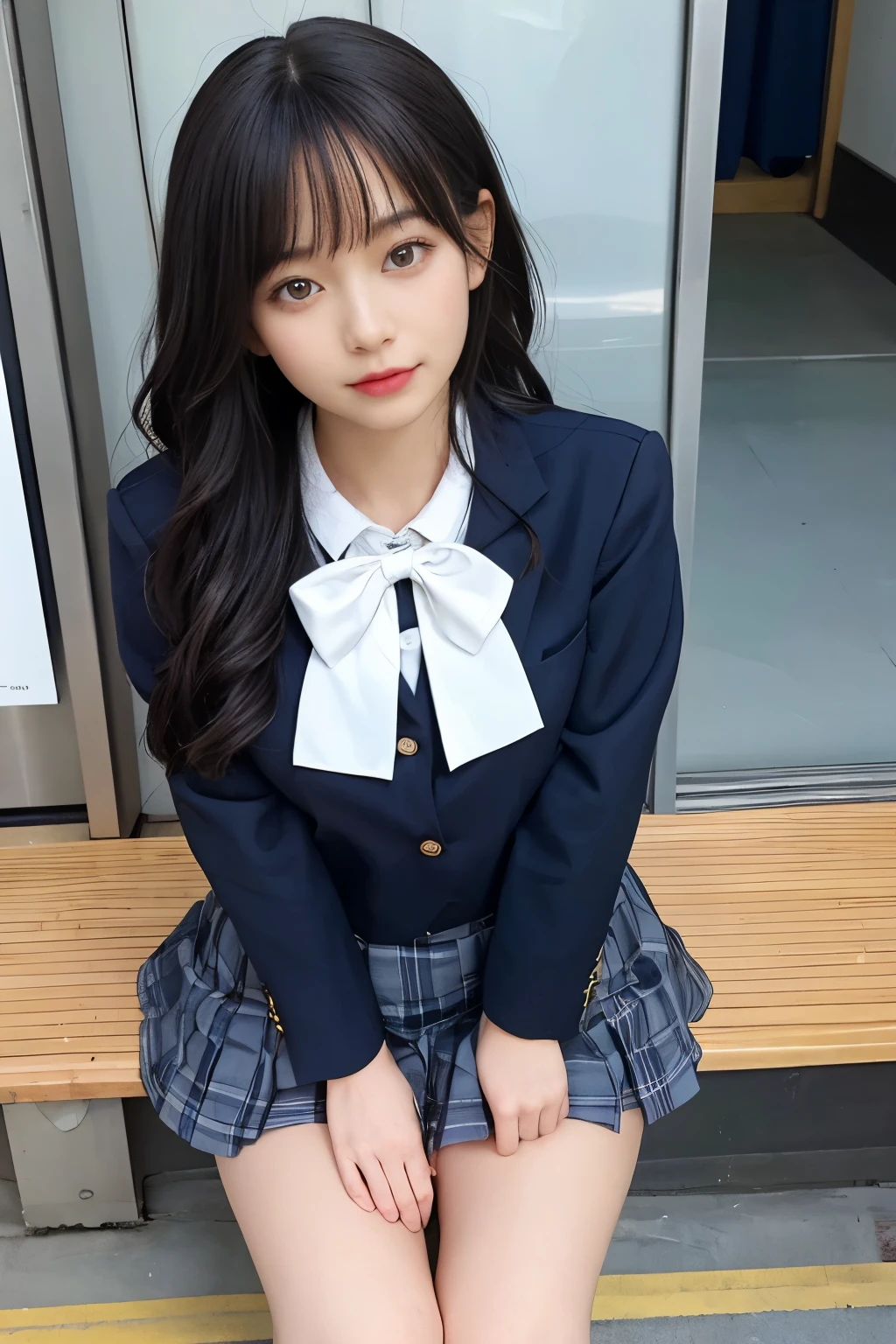 Wear a short skirt、Alafid (Alafid) Asian woman wearing bow tie sitting on train, Cute schoolgirl, Japanese schoolgirl, wearing Japanese school uniforms, Japanese school uniforms, a hyperPractical schoolgirl, Dressed as a schoolgirl, hyperPractical , Wear school uniform, Practical , 女孩Wear, Wear , A posture, whole body, Good skin, Radiant Skin, Beautiful thighs,Glowing thighs, Glowing Legs, (())