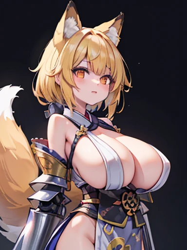 (fox girl:1.2), (Alone:1.2), (obra teacher of pixiv:1.2), (metal armor kimono:1.2), (medieval fantasy city:1.0), (huge tits:1.2)