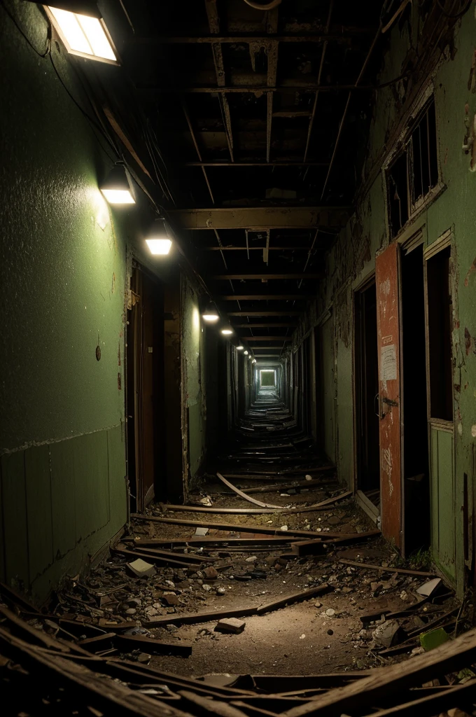 Poor quality photo from inside an abandoned obstruction at night ,with the camera's flash pointing at a dark door ahead