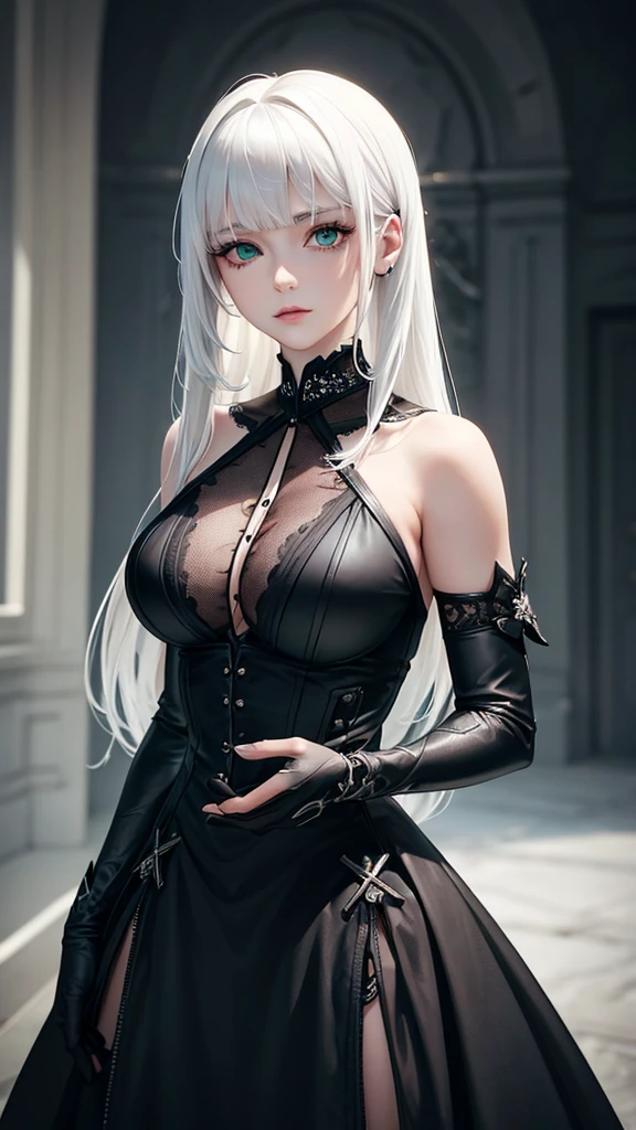 girl with white hair,with bangs, black gloves, green eyes, gothic, dress, 4K, masterpiece, perfect body, stem,perfect eyes, perfect shading, perfect lighting, best quality, work of art, ultra detailed, detailed clothing
