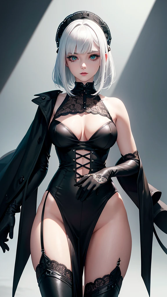 there is YoRHa No. 2 Type B ,short white hair, alluring expression, very bold, upper visible, full body photo, standing legs apart, pale translucent glowing skin, most beautiful face, cute, (well defined pubic hair:1.2)), (dark plain black background:1.4))