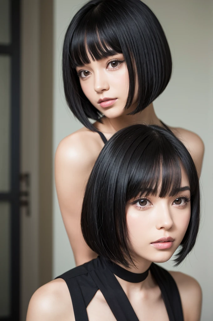 Girl with black hair bob cut