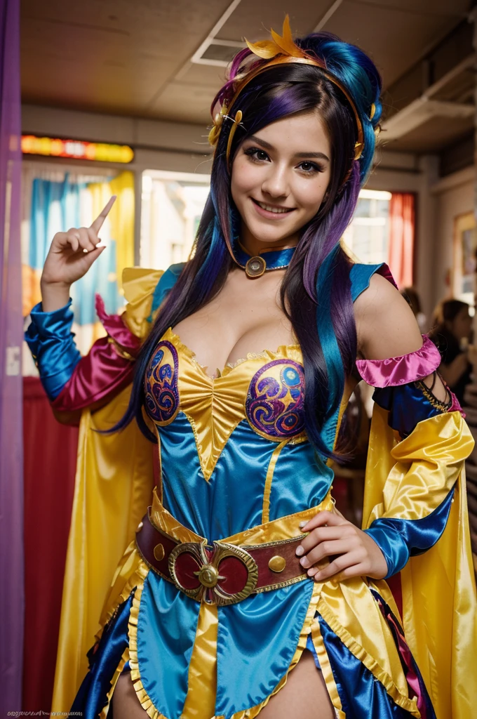 Versatile, colorful hair, elaborate costumes, playful, creative, passionate about cosplay, smiling, full color, real teen 18 years old, 4k, portrait shot close, Hair: Colorful and versatile
Style: Elaborate and costume-like
Expression: Playful and creative