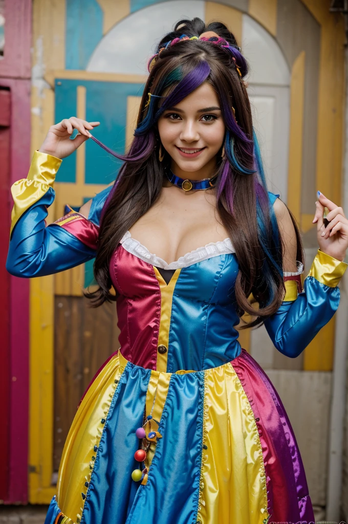 Versatile, colorful hair, elaborate costumes, playful, creative, passionate about cosplay, smiling, full color, real  18 years old, 4k, portrait shot close, Hair: Colorful and versatile
Style: Elaborate and costume-like
Expression: Playful and creative