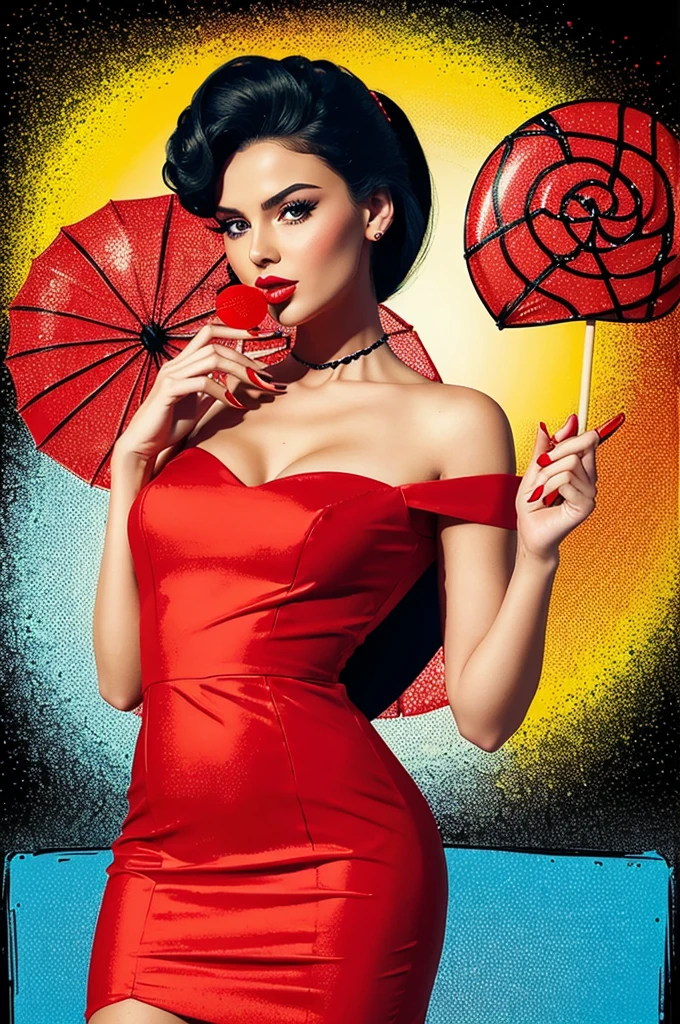 "An illustration of a beautiful woman wearing a red dress, holding a lollipop. She should have a confident and powerful expression. The style should be in pop art, with bold colors, dots, and exaggerated features typical of pop art. The background should be simple and light, focusing on the woman's posture, expression, and the lollipop."