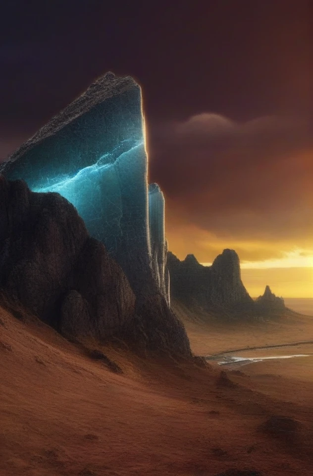 (Introduce quality iteratively))((large glowing transparent natural mineral, mystic light inside, sunbeam, sunset, lightnings, dramatic lighting))(evocative depth of field)(grounded sharpness)(abyss black point)(art of genius)(earthly gradients)(earthy colorful saturated hues))(earth corners vignette))