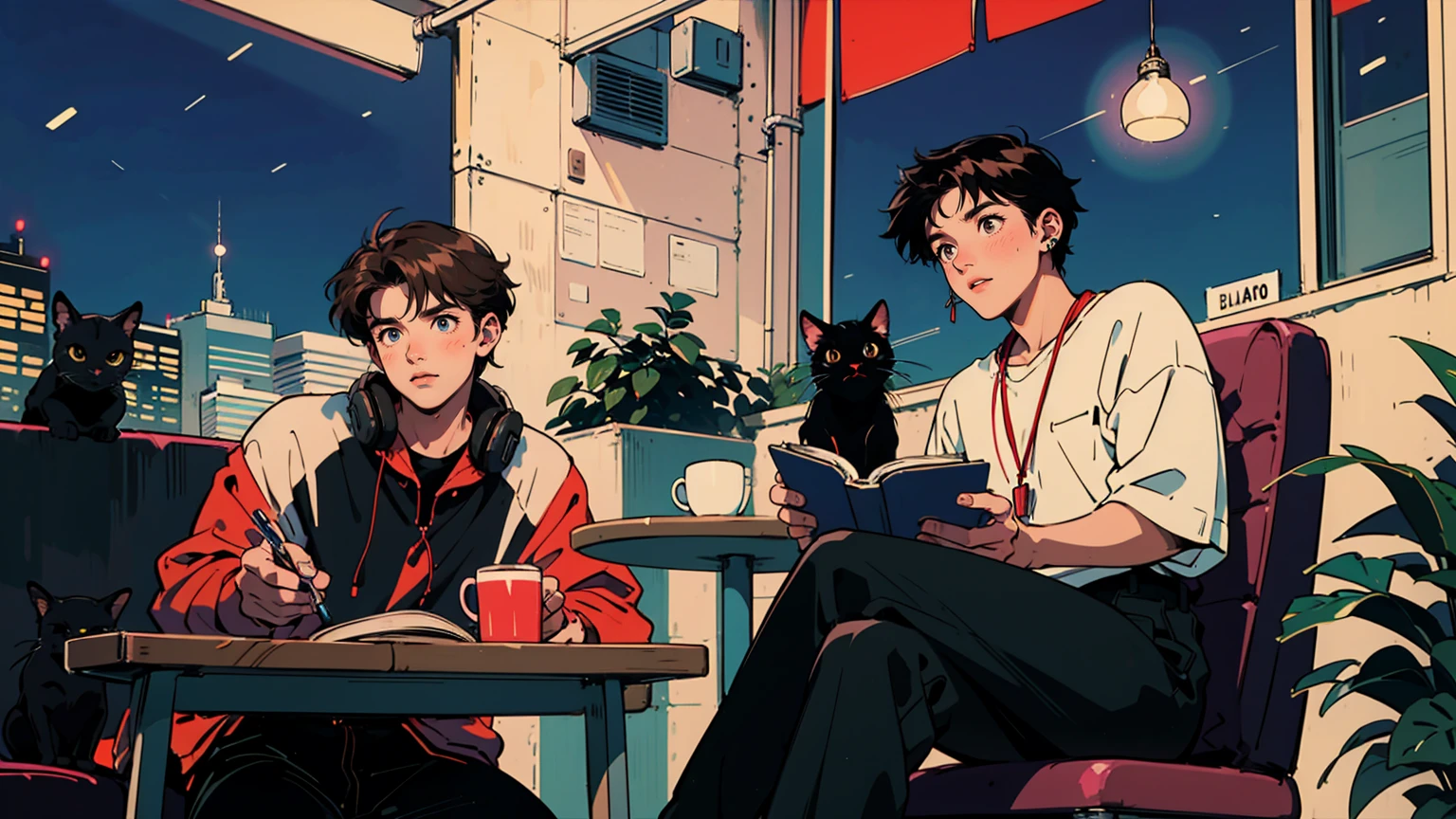 best quality, 8k, 1990s style,2010s hairstyles, 21-year-old boy, black hair, light brown eyes, city pop, pants ,night view, wearing headphones,reading a book, whole body, relax coffee,table,confection,Looking at me, Black cat