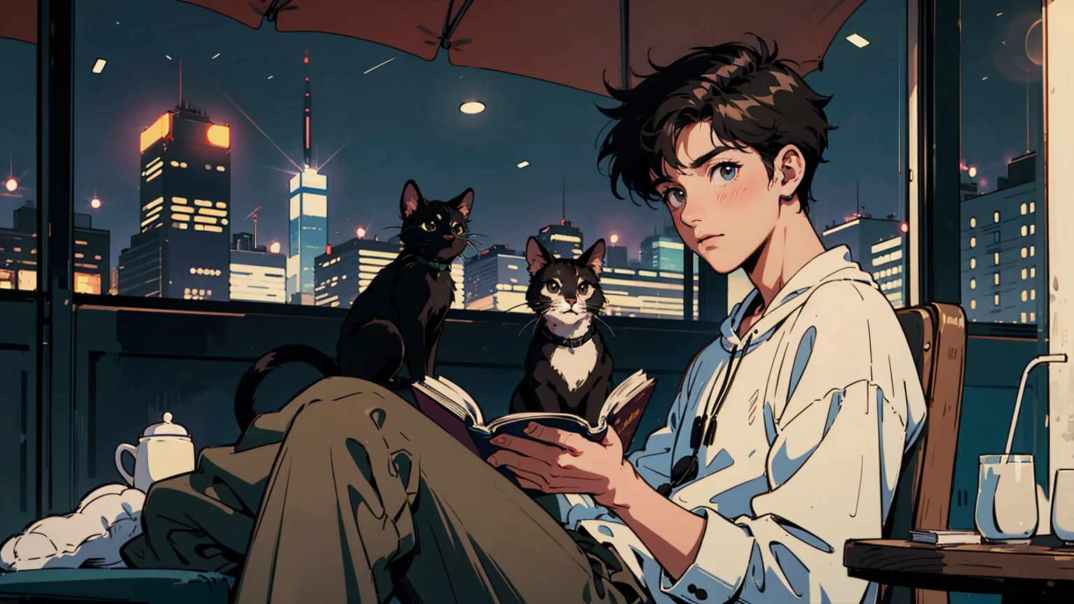 best quality, 8k, 1990s style,2010s hairstyles, 21-year-old boy, black hair, light brown eyes, city pop, pants ,night view, wearing headphones,reading a book, whole body, relax coffee,table,confection,Looking at me, Black cat