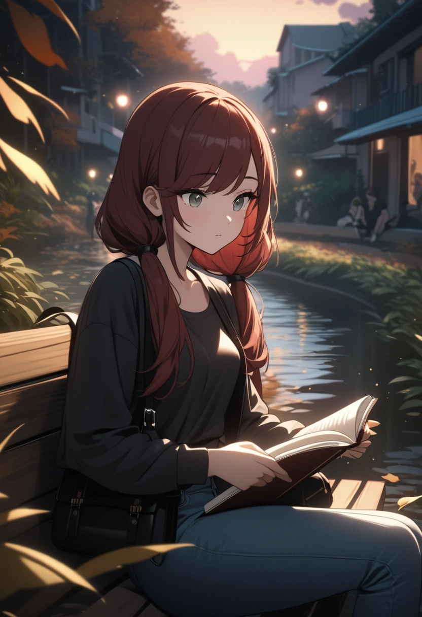 (masterpiece:1.2, Best Quality), (finely detailed beautiful eye: 1.2), (beautiful detailed face), High contrast, (Best Illumination, extremely delicate and beautiful), ((Cinematic Light)), Highest Quality, masterpiece, light particles, Best quality, masterpiece, , stoic young woman with gray eyes sitting on bench and reading book, dark red hair in low twin tails, swept bangs, side bangs, strapless black shirt, jeans, satchel, toned arms, small breasts, creek, outdoors, autumn, dusk, lights, tropical, clouds,teal buildings, white steps, fence, road, people in background, falling leaves,