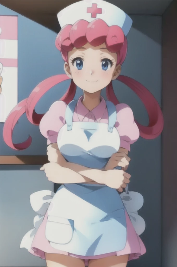 (masterpiece, Highest quality:1.2), nurse joy, Pokemon, blue eyes, Mouth closed, Long Hair, Pink Hair, Short sleeve, nurse, blush, Holding, puffy Short sleeve, Large Breasts, Puff sleeves,  nurse cap, One girl, View your viewers, smile, alone, Have, dress, apron, Hair Ring, clipboard 