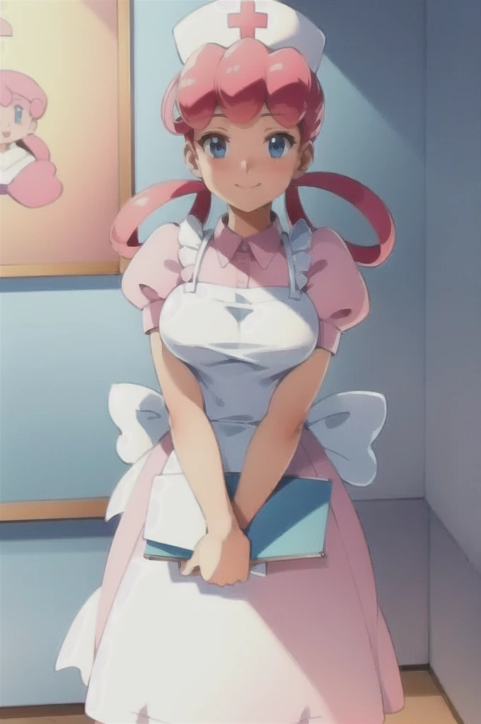 (masterpiece, Highest quality:1.2), nurse joy, Pokemon, blue eyes, Mouth closed, Long Hair, Pink Hair, Short sleeve, nurse, blush, Holding, puffy Short sleeve, Large Breasts, Puff sleeves,  nurse cap, One girl, View your viewers, smile, alone, Have, dress, apron, Hair Ring, clipboard 