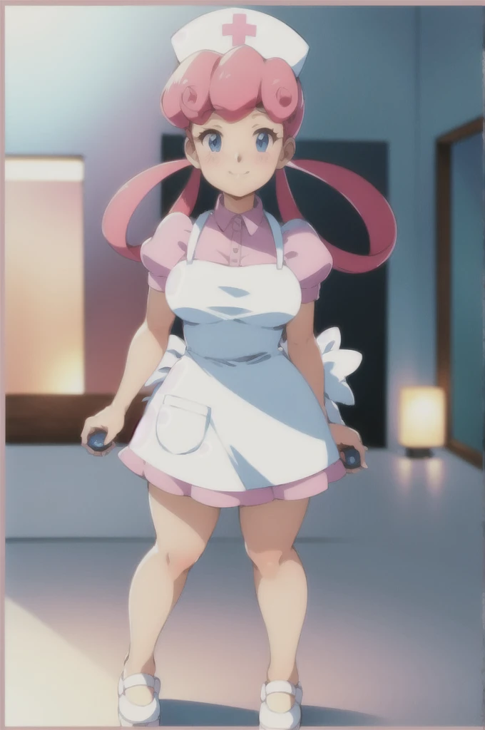 (masterpiece, Highest quality:1.2), nurse joy, Pokemon, blue eyes, Mouth closed, Long Hair, Pink Hair, Short sleeve, nurse, blush, Holding, puffy Short sleeve, Large Breasts, Puff sleeves, nurse cap, One girl, View your viewers, smile, alone, Have, dress, apron, Hair Ring, clipboard