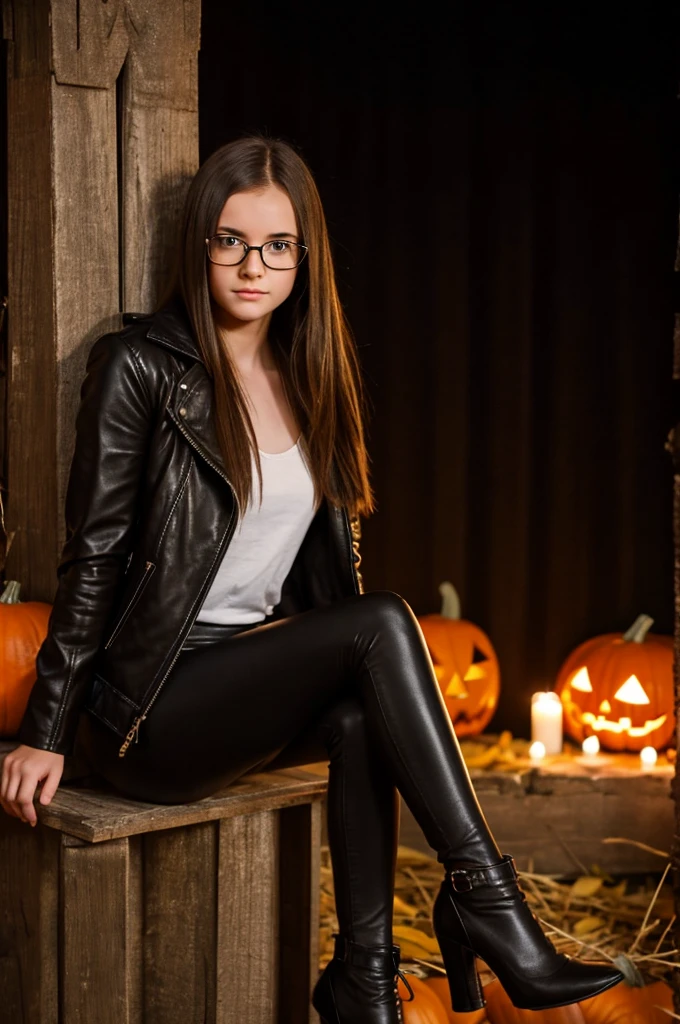 ager girl, pale, wearing glasses brown shoulder length brown straight hair, black leather jacket, black leather leggings, black heels, halloween night setting on a hay bell