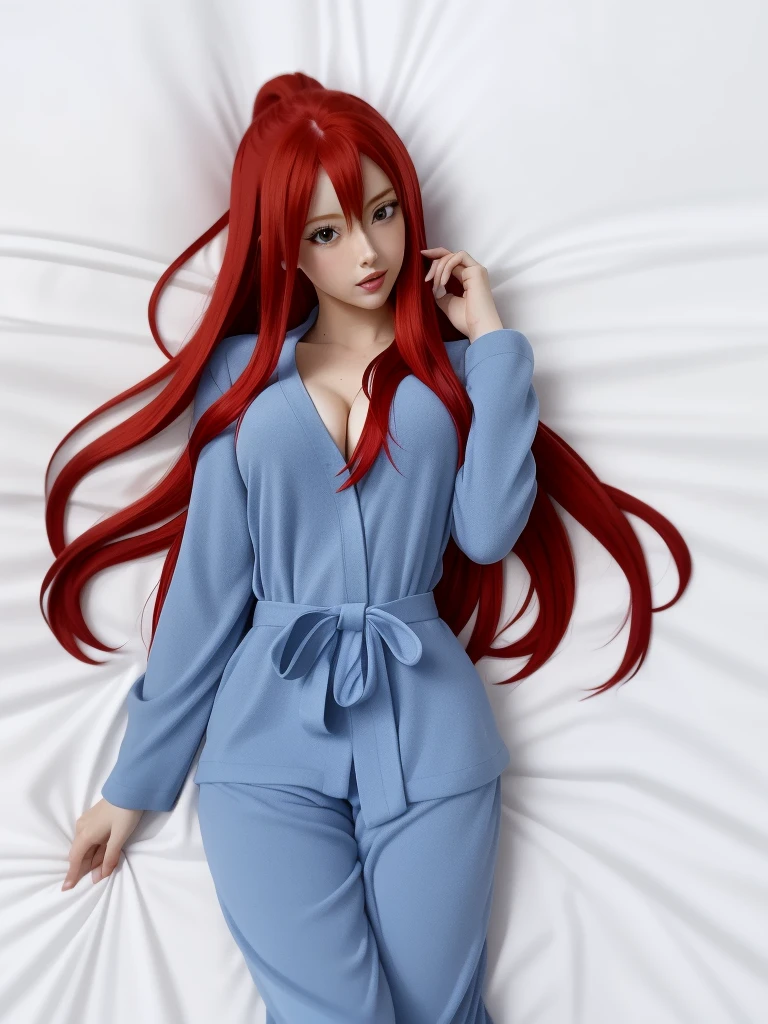 a close up of a person in a blue pajamas with long red hair, lying on ben, looking at viewer, erza scarlet as a real person, rias gremory, female anime character, girl named AMBER HEARD, Fairy Tale anime, best anime character design, she has red hair, seductive anime girl, anime character, with red hair, anime best girl, with long red hair, anime woman full body art, realistic art