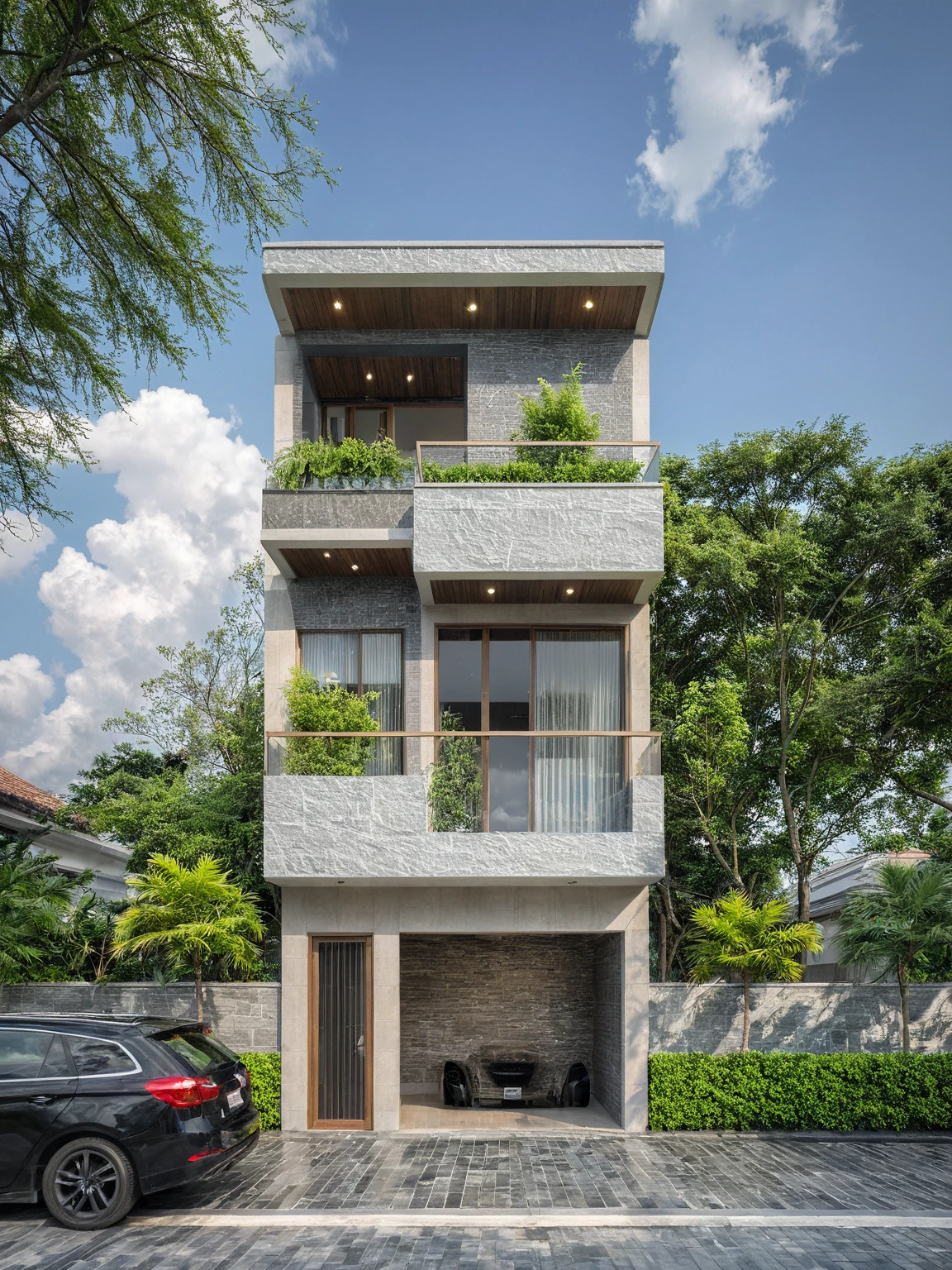 masterpiece, High Quality, best quality, true, super detailed, out side, one-story villa, yay, yaygroup, stone walling, phong cách ngôi nhà hiện đại trên sugar phố, cầu thang, gray wall, sugar, pavement, grass, plant, firmament, cloud, (daylight :1.1)