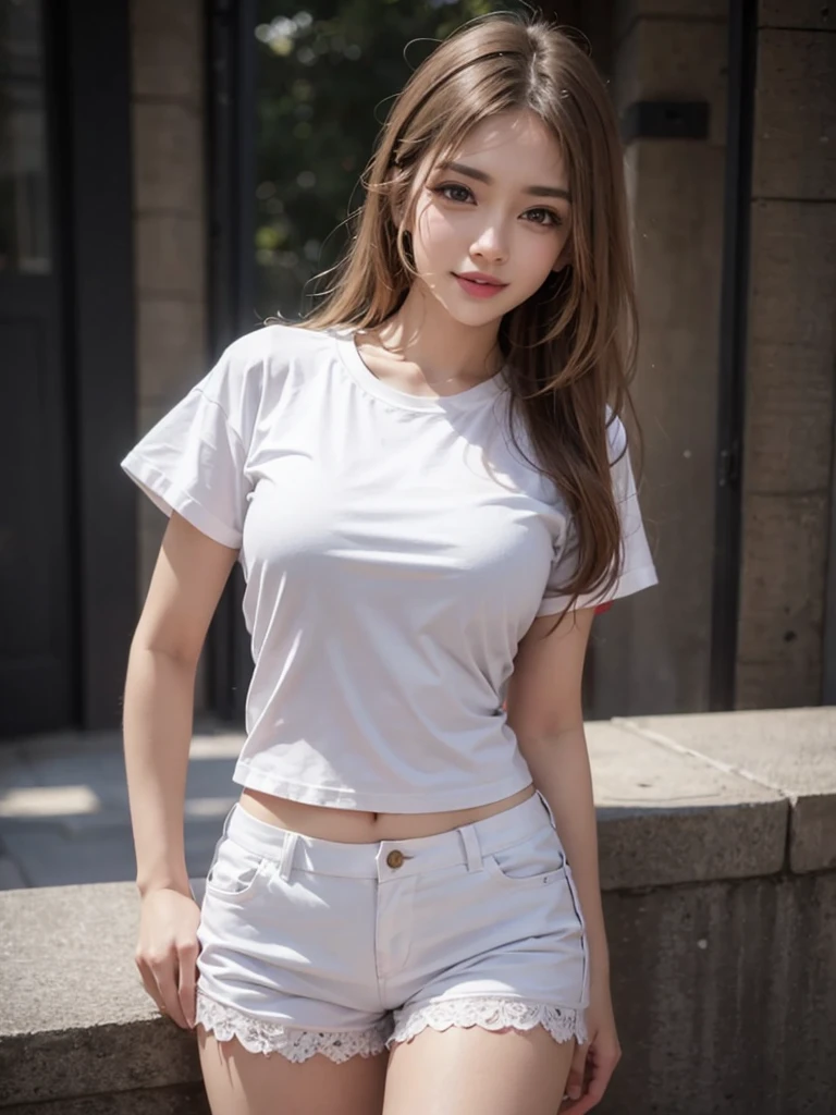 (((Open Stance)))、Large bust、 ((White lace T-shirt)), Gazing at the audience、((White shorts))、Standing with legs open to the sides、((Sexy young woman&#39;s body:1.4)),

