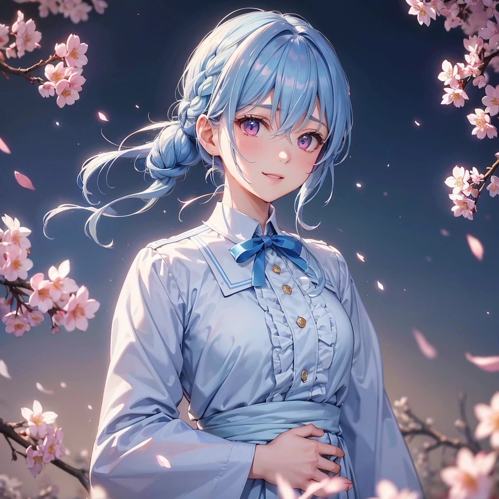 (Light blue medium hair),(Braided hair tied together)、Pink eyes、Fair skin、(whole body)、(uniform)、Cherry Blossoms at Night、A big smile、A dignified figure、solo、(masterpiece、Highest quality、Very detailed、Best Shadow)、(Detailed Background)、(Beautifully detailed face)、High contrast、(Best lighting、Very delicate and beautiful)、((Cinematic Light))、colorful、Hyper Detail、Dramatic Light、Exquisite detail、