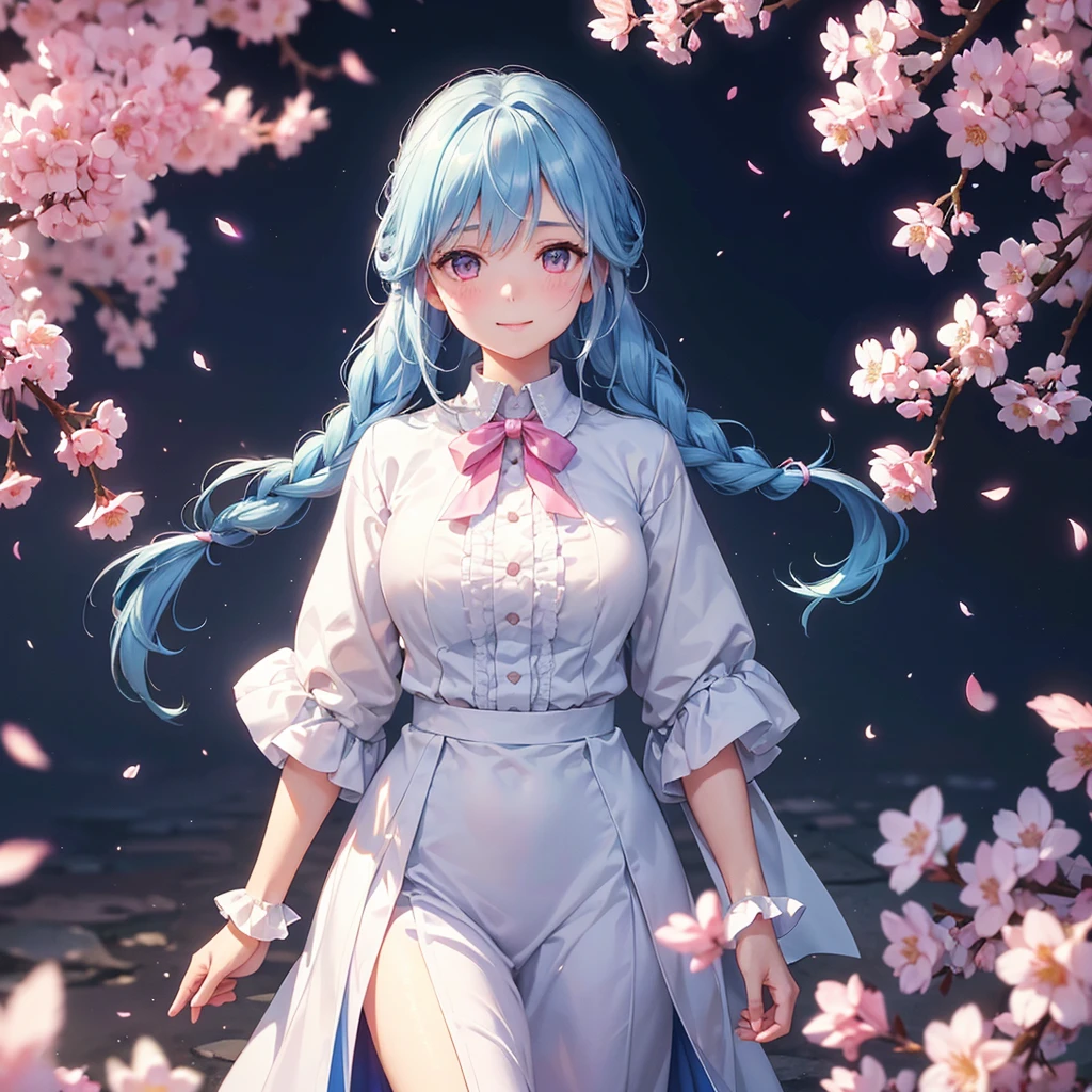 (Light blue medium hair),(Braided hair tied together)、Pink eyes、Fair skin、(whole body)、(uniform)、Cherry Blossoms at Night、A big smile、A dignified figure、solo、(masterpiece、Highest quality、Very detailed、Best Shadow)、(Detailed Background)、(Beautifully detailed face)、High contrast、(Best lighting、Very delicate and beautiful)、((Cinematic Light))、colorful、Hyper Detail、Dramatic Light、Exquisite detail、