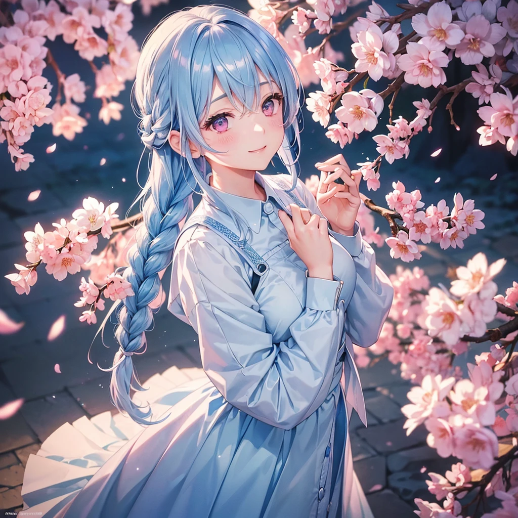 (Light blue medium hair),(Braided hair tied together)、Pink eyes、Fair skin、(whole body)、(uniform)、Cherry Blossoms at Night、A big smile、A dignified figure、solo、(masterpiece、Highest quality、Very detailed、Best Shadow)、(Detailed Background)、(Beautifully detailed face)、High contrast、(Best lighting、Very delicate and beautiful)、((Cinematic Light))、colorful、Hyper Detail、Dramatic Light、Exquisite detail、