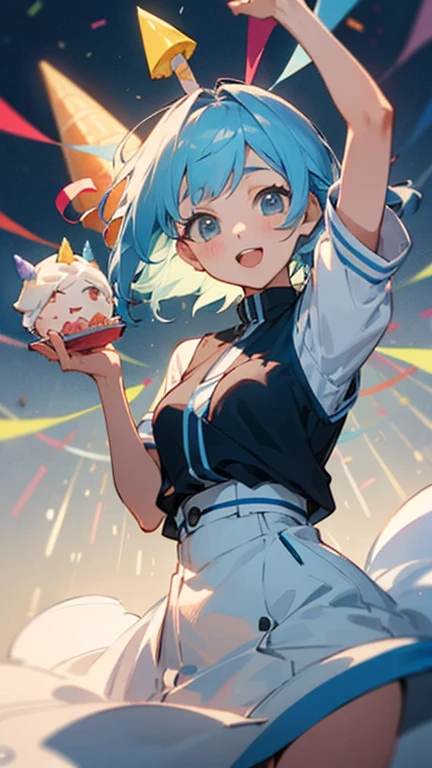 anypose 3 teen anime girls,short and light blue hair birthday girl, celebrating birthday
