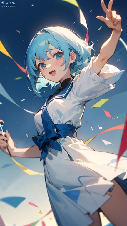 anypose 3 teen anime girls,short and light blue hair birthday girl, celebrating birthday
