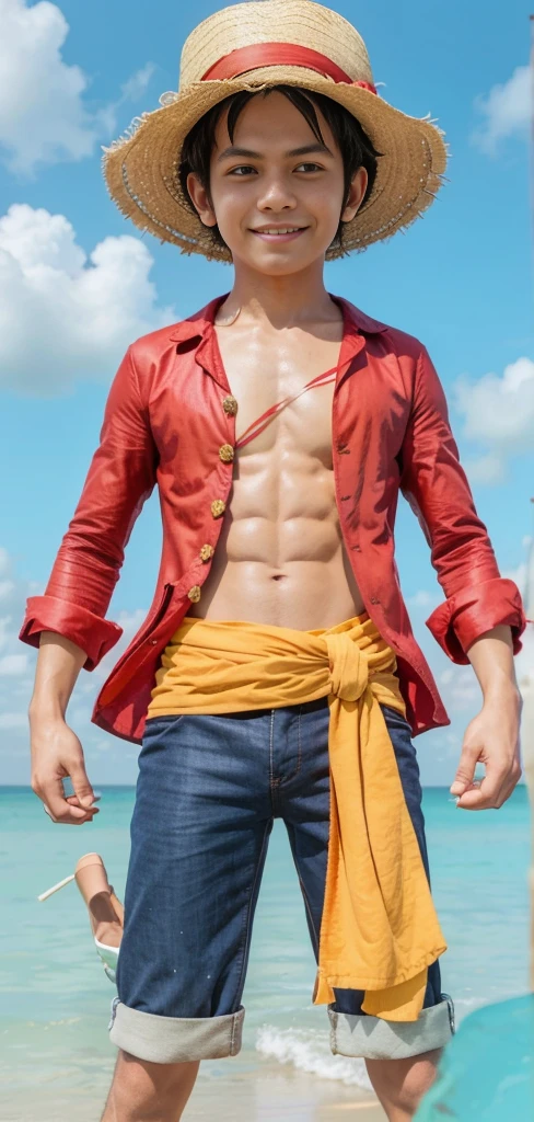 Realistic, highres, Monkey d. Luffy from one piece, A 25-year-old young man with short black hair, wearing a straw hat with a red ribbon. He is dressed in an open red jacket without buttons, revealing his muscular chest with a large X-shaped scar. Luffy is also wearing blue shorts and sandals. His hands are wrapped in bandages, and he is often seen with a wide smile and a confident posture. The background is a tropical island or ocean, reflecting his adventures as a pirate, realistic, cinematic, 4k