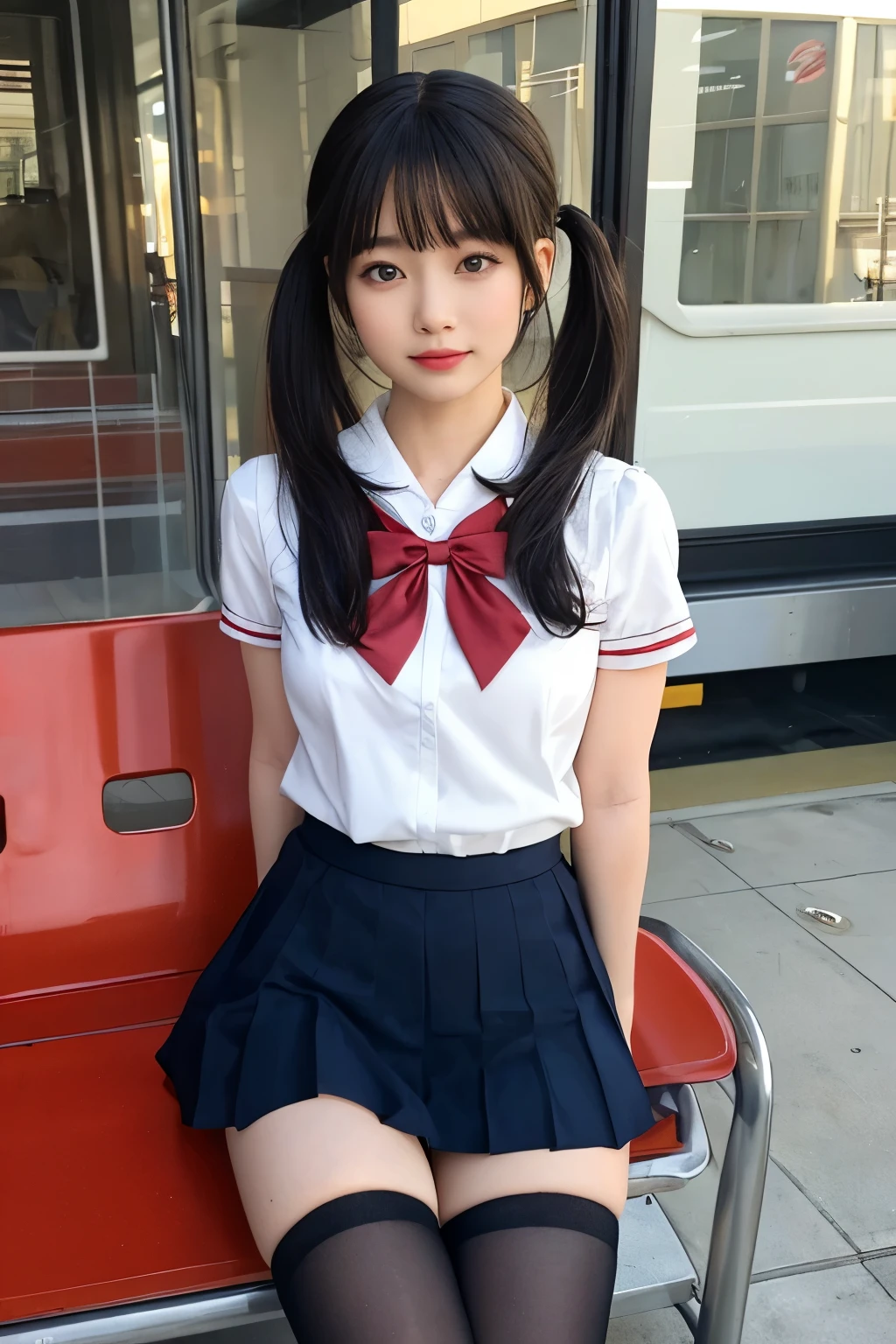 Wear a short skirt、Alafid (Alafid) Asian woman wearing bow tie sitting on train, Cute schoolgirl, Japanese schoolgirl, wearing Japanese school uniforms, Japanese school uniforms, a hyperPractical schoolgirl, Dressed as a schoolgirl, hyperPractical , Wear school uniform, Practical , 女孩Wear, Wear , A posture, whole body, Good skin, Radiant Skin, Beautiful thighs,Glowing thighs, Glowing Legs, (())