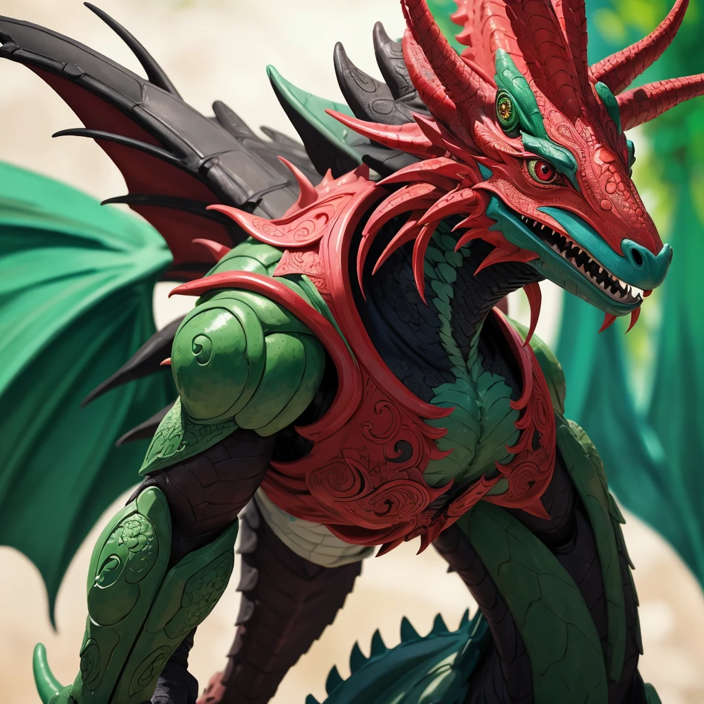 Dragão, cor verde, vermelho e preto, ameaçador, cores vividas, ninja, com asas grandes (masterpiece: 1.2) (realistic: 1.2) (bokeh) (best quality) (detailed skin: 1.3) (intricate details) (8K) (detail eyes) (sharp focus), 