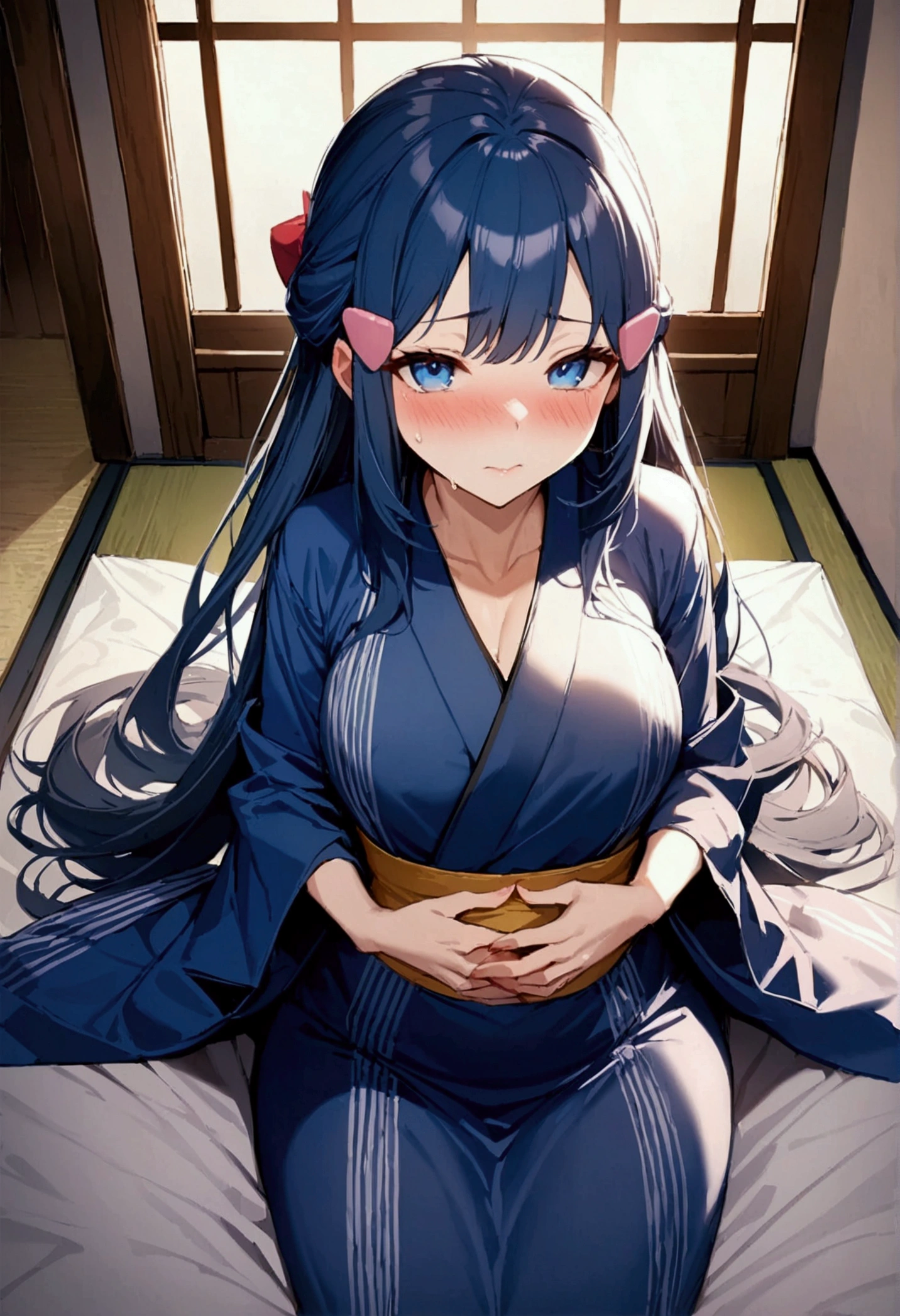 NSFW,masterpiece,Highest quality,High resolution,Super detailed,dawn_\(pokemon\),blue eyes, Blue Hair, Long Hair, Side Lock, Hair Clip,High-quality yukata,Embarrassed,blush,Inn at night,Japanese-style room,tatami,futon,(Middle-aged men),A man puts his hands on her waist and hugs her,Sitting,From above