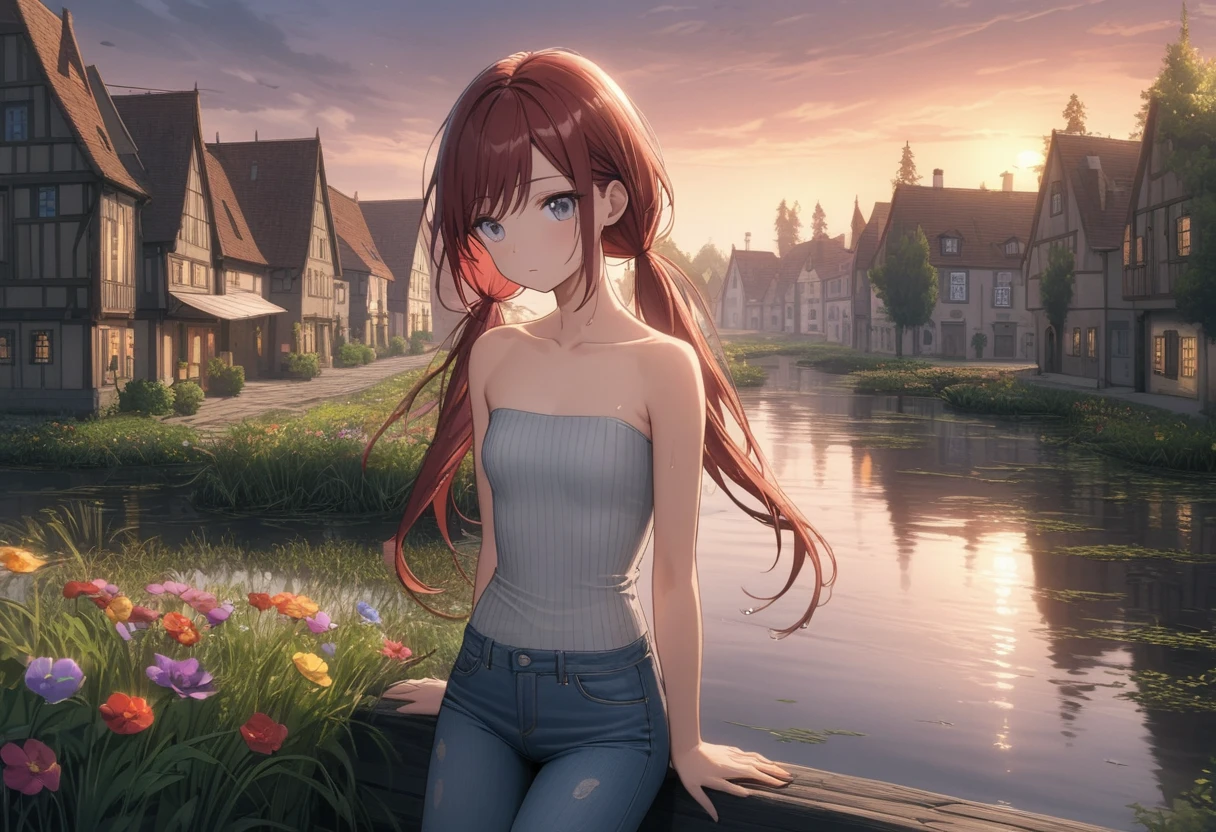((Masterpiece)), ((best quality)), (Anime:1.3), (super detail:1.2), (High Definition:1.3), (Professional Photography:1.3), (wide shot), (very aesthetic:1.2), (absurdres:1.2), (sharp focus), (perfect light), 8K, Glossy skin, wet skin, wet clothes, cinematic lighting, 1 young woman, (strapless ribbed gray shirt), (jeans, slender legs, slender body), toned arms, small breast, dark red hair in low twin tails, (gray eyes, swept bangs), stoic, collarbones, Hair that flutters in the wind, BREAK, ((best quality)), (very aesthetic:1.2), (absurdres:1.2), (Leaning against the decorated low Parapet), (dusk, European town, swamp, willow trees, weeds, colorful flowers), sunset, clouds, drizzle, Beautiful Adriatic Sea,
