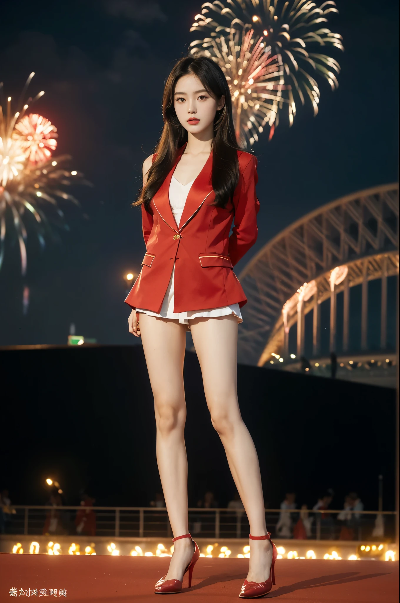 (((best quality))),(((ultra detailed))),(((masterpiece))),illustration, ((Olympic Opening Ceremony,in Paris,summer night,magnificent National stadium of France,Olympic flame, fireworks)),(crowded crowds of enthusiastic spectators:1.3),((a beautiful Chinese girl,solo)),((shoulder length straight hair:1.2)),((slim,thin)),((small breasts,flat chest)),(red blazer:1.5),(yellow dress:1.2),(slender legs:1.2),(loafers:1.2),excited expression, awe, celebrating, electric atmosphere, sense of pride, excitement, playing field, crowd energy, unity, camaraderie, representing China, historic event, memorable moment,((standing:1.2),(arms behind back:1.3),((from front,full body))