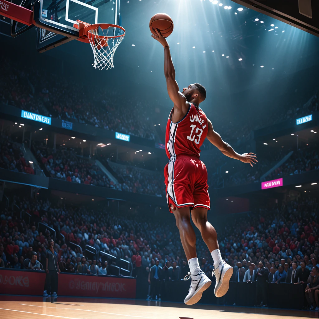 a basketball player dunking a ball,detailed realistic portrait, hyperrealistic, photorealistic, high quality, 8k, (best quality,4k,8k,highres,masterpiece:1.2),ultra-detailed,(realistic,photorealistic,photo-realistic:1.37),muscular male body, strong athletic build, dynamic action pose, mid-air jump, intense facial expression, sweat dripping, basketball court background, dynamic lighting, dramatic shadows, vibrant colors，minimalist Journey